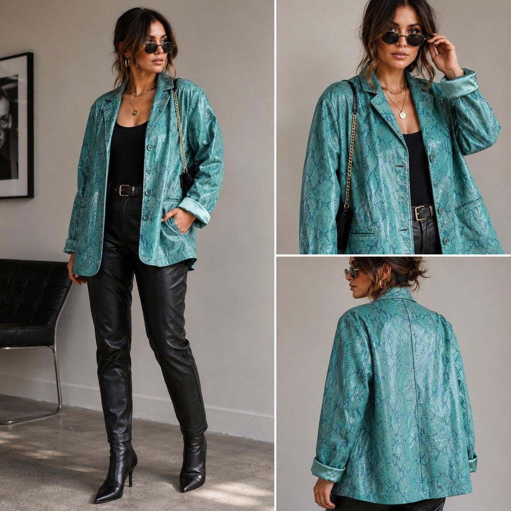 Terry Lewis Blazer Teal Snakeskin Print Genuine Leather Vintage 90s Artsy Large